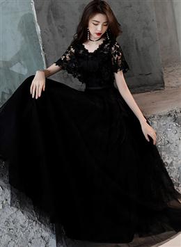 Picture of Black Color Lace and Tulle Long A-line Simple Evening Dresses, Black Color Formal Dresses Prom Dresses